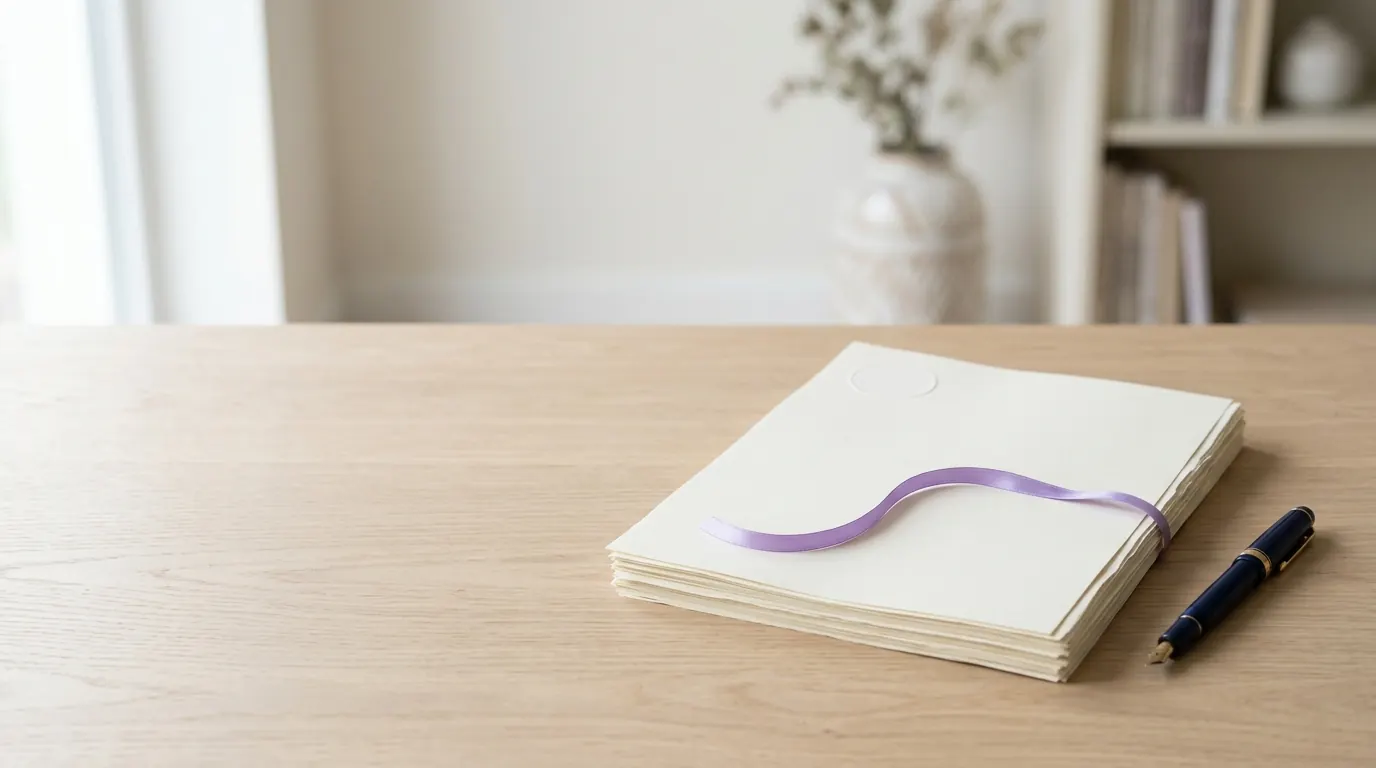 A stack of documents tied with a violet ribbon on an oak desk, a fountain pen beside it.